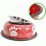 Миска для собак Camon металлическая красная с принтом Лапы 1,8 л